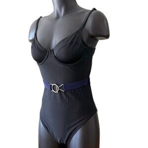 Aerie Swimsuit Size M NWT High Cut Cheekier Underwire One Piece Black Blue Belt